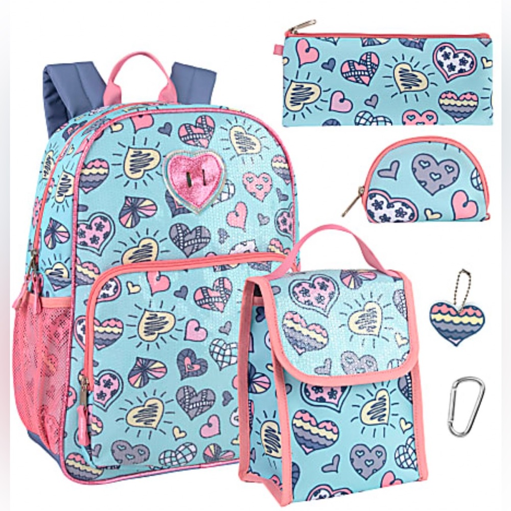 Trailmaker 6-In-1 Backpack, Lunch Bag -Heart Print W/ Sequins - NWT